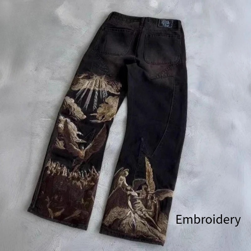 Embroidery On Jeans - Mens Jeans Harajuku Y2K Streetwear Heavy
