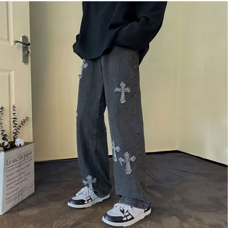 Embroidery On Jeans - Cross Embroidery Y2k Jeans Mens Straight