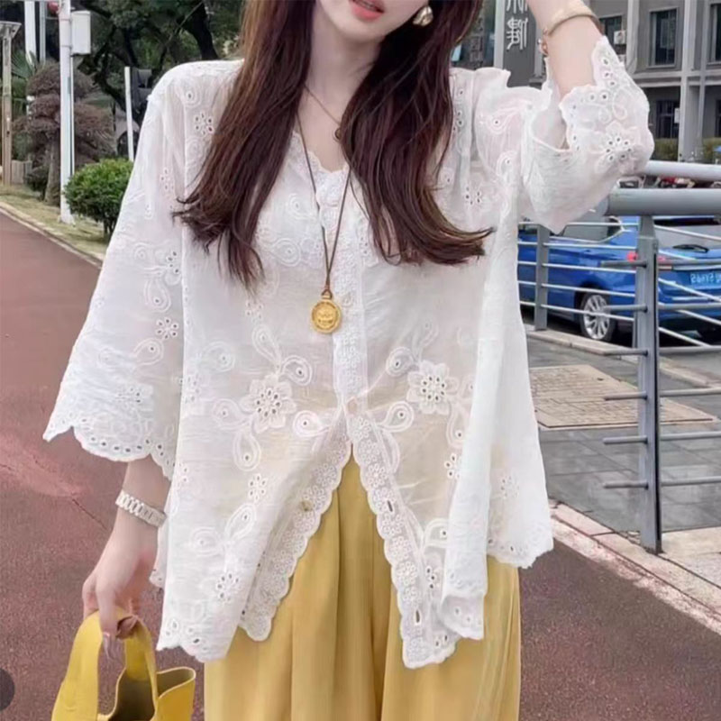 Embroidery Cardigan - Spring Summer Women Tops V-neck Embroidered